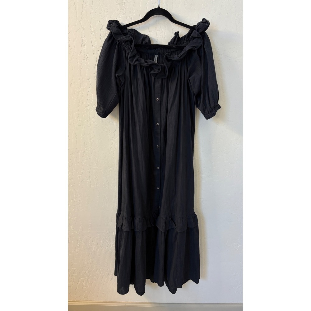 By Anthropologie Ruffle Off-The-Shoulder Gauze Maxi‎ Dress Black Sz S